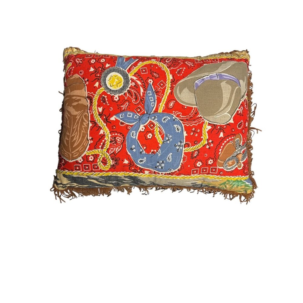 Western-Themed Decorative Pillow With Fringe & Cowboy Accessories Pattern